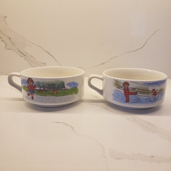 set of 2 Flat bowls Handle Kids Skating Skipping Cereal Mug Soup Dessert - Picture 3 of 8